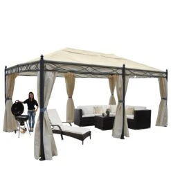 Pergola Calpe, Garten Pavillon, Stabiles 7cm-Gestell 5x3m ~ Creme Mit Seitenwand + Moskitonetz -Outsunny Geschäft 1975527001 prod 002