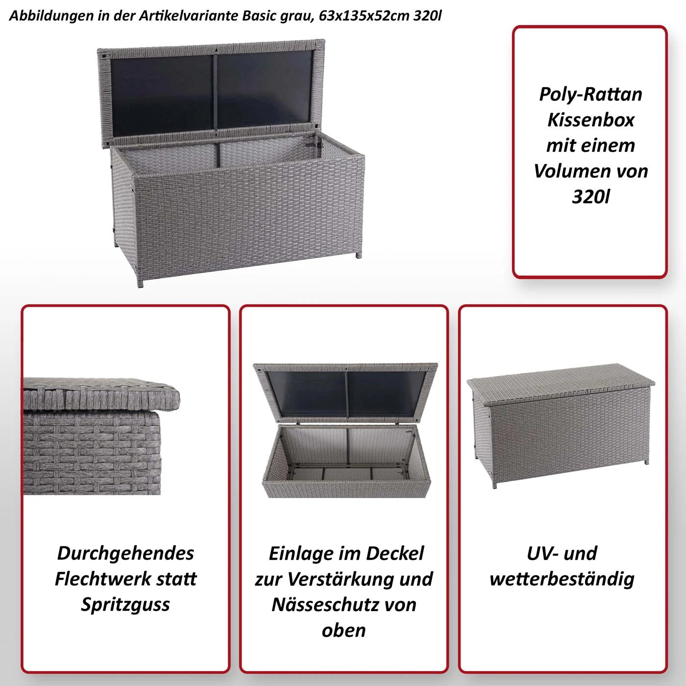 Poly-Rattan Kissenbox MCW-D88, Gartentruhe Auflagenbox Truhe ~ Basic Grau, 51x115x59cm 250l 4 Poly-Rattan Kissenbox MCW-D88, Gartentruhe Auflagenbox Truhe ~ Basic Grau, 51x115x59cm 250l – Bild 2