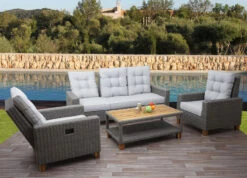 Gartengarnitur MCW-G28, Sitzgruppe Lounge-Set, Akazie Holz Halbrundes Rattan Verstellbar FSC ~ Grau, Kissen Hellgrau