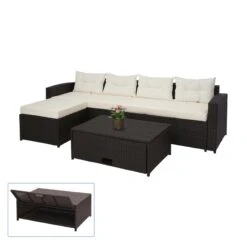 Poly-Rattan Garnitur MCW-J34, Balkon-/Garten-/Lounge-Set Sitzgruppe Sofa, Staufach ~ Braun, Kissen Creme-beige