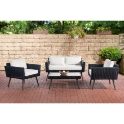 CLP Polyrattan Loungeset KIRUNA I Schwarz I Gartenlounge Rundrattan I Sofa & 2x Sessel & Glastisch I 5mm Rattandicke