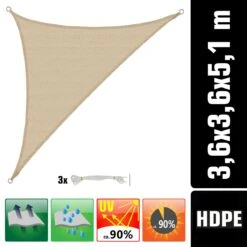 UV Sonnensegel 3,6x3,6x5,1 HDPE Dreieck Rechtwinklig Sonnenschutz Garten Beige