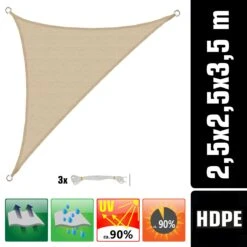UV Sonnensegel 2,5x2,5x3,5 HDPE Dreieck Rechtwinklig Sonnenschutz Garten Beige