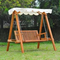 Outsunny Hollywoodschaukel Als 2-Sitzer Cremeweiß, Natur 162 X 122 X 184 Cm (LxBxH) | Schaukel Mit Sonnendach Schaukelbank Gartenschaukel -Outsunny Geschäft 8600336600 01 0303 prod 003