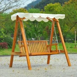 Outsunny Hollywoodschaukel Als 2-Sitzer Cremeweiß, Natur 162 X 122 X 184 Cm (LxBxH) | Schaukel Mit Sonnendach Schaukelbank Gartenschaukel -Outsunny Geschäft 8600336600 01 0303 prod 004