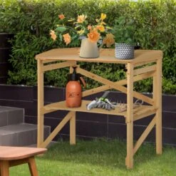 Outsunny Pflanztisch Mit Schutzkante Braun 80 X 40 X 84 Cm | Ablagefläche Gärtnertisch Garten Holz Hellbraun -Outsunny Geschäft 8600336600 845 669 prod 003