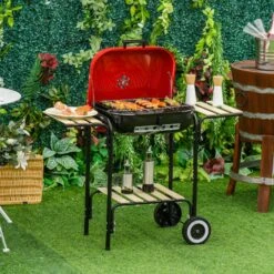 Outsunny Grillwagen Mit 3 Ablagen Schwarz, Rot 98 X 49 X 81 Cm (LxBxH) | Kohlegrill BBQ Grillwagen Holzkohlegrill Gartengrill -Outsunny Geschäft 8600336600 846 043 prod 005