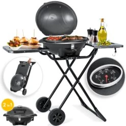 KESSER® Elektrischer Elektrogrill 2in1 Tischgrill - Standgrill Mit Deckel Und Standfuß | Max. 2400 Watt | Faltbar | Thermometer | Antihaftbeschichtung | Grillplatte Abstelltische | 2 Räder |