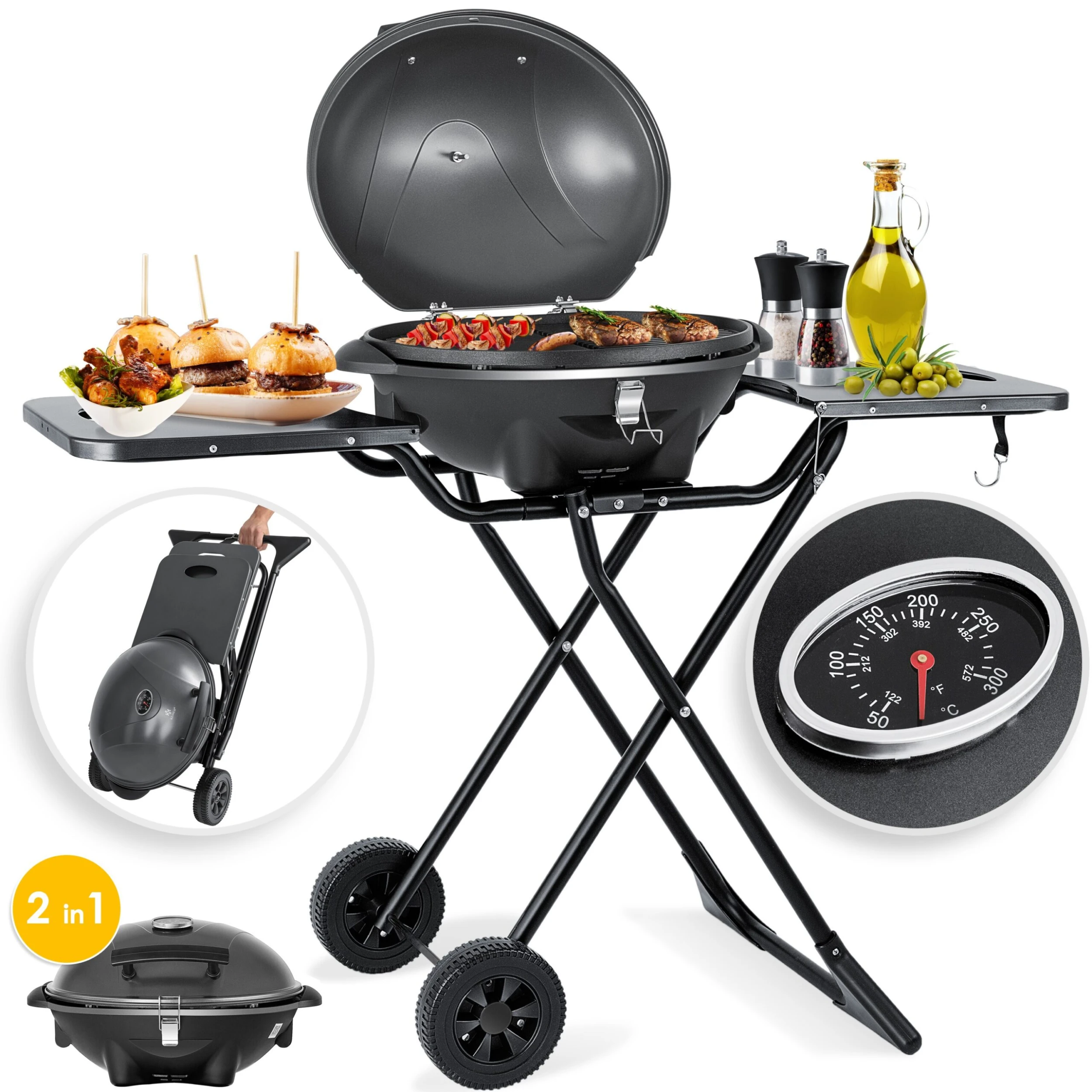 KESSER® Elektrischer Elektrogrill 2in1 Tischgrill - Standgrill Mit Deckel Und Standfuß | Max. 2400 Watt | Faltbar | Thermometer | Antihaftbeschichtung | Grillplatte Abstelltische | 2 Räder | 3 KESSER® Elektrischer Elektrogrill 2in1 Tischgrill - Standgrill Mit Deckel Und Standfuß | Max. 2400 Watt | Faltbar | Thermometer | Antihaftbeschichtung | Grillplatte Abstelltische | 2 Räder |