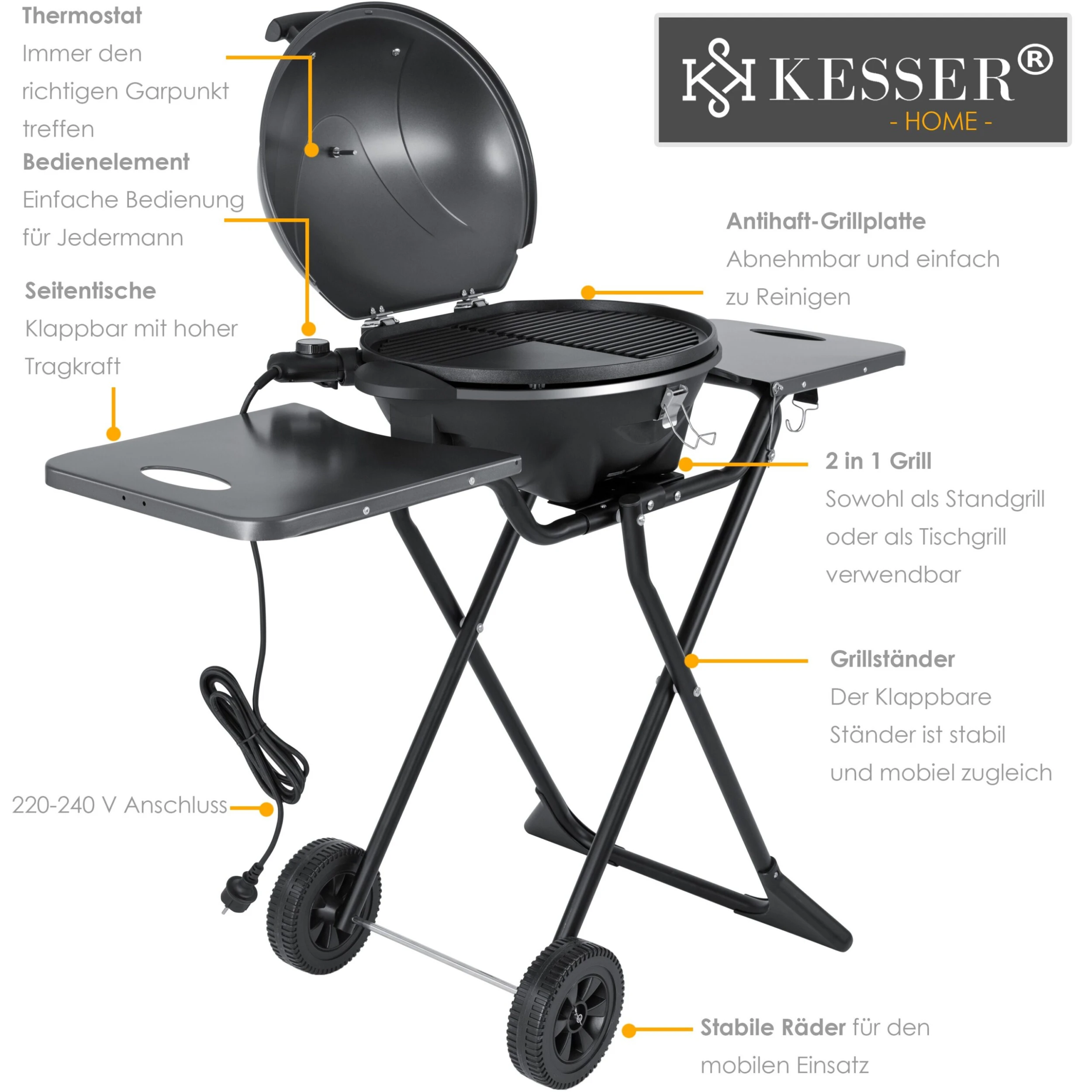 KESSER® Elektrischer Elektrogrill 2in1 Tischgrill - Standgrill Mit Deckel Und Standfuß | Max. 2400 Watt | Faltbar | Thermometer | Antihaftbeschichtung | Grillplatte Abstelltische | 2 Räder | 4 KESSER® Elektrischer Elektrogrill 2in1 Tischgrill - Standgrill Mit Deckel Und Standfuß | Max. 2400 Watt | Faltbar | Thermometer | Antihaftbeschichtung | Grillplatte Abstelltische | 2 Räder | – Bild 2
