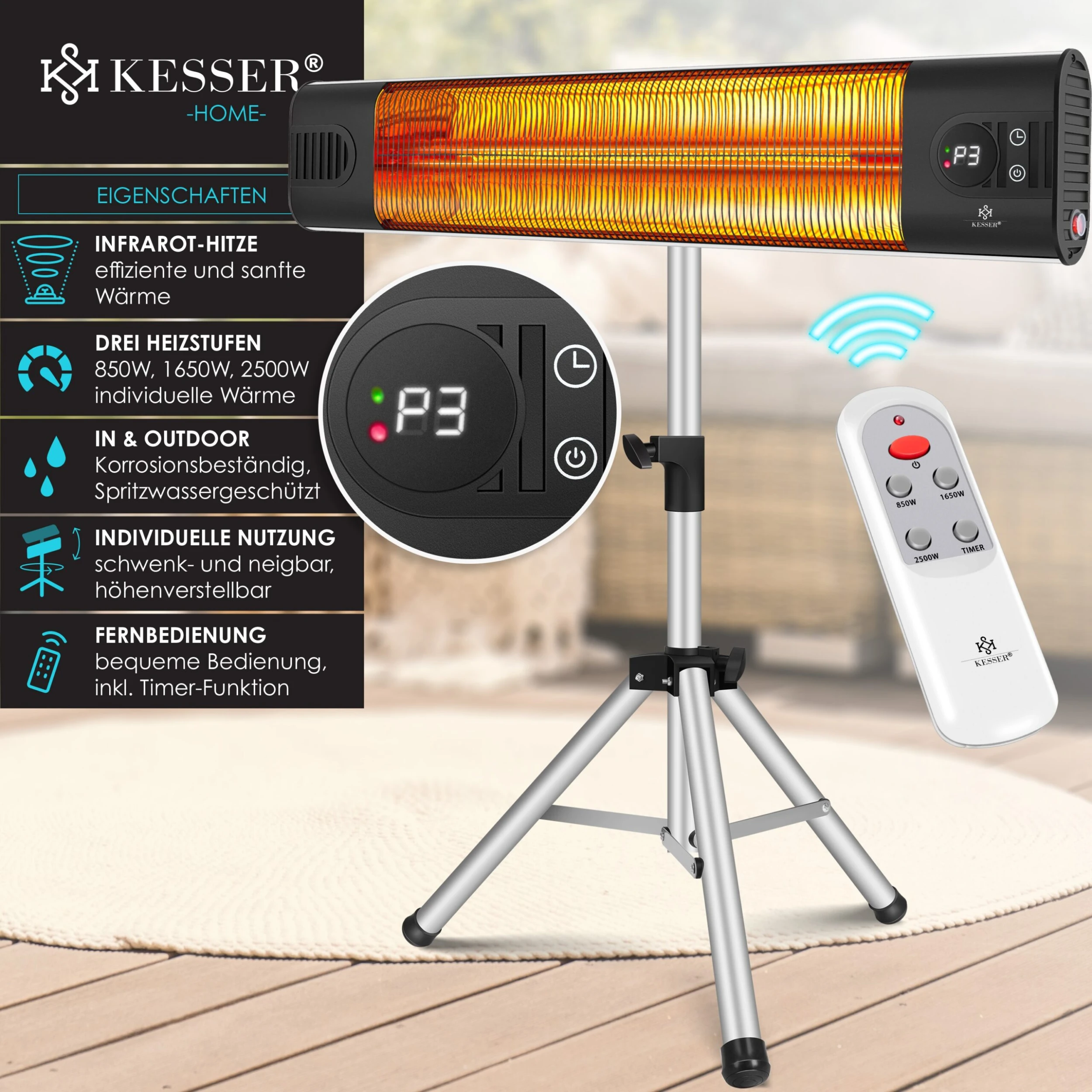 KESSER® Infrarotstrahler Heizstrahler Wärmestrahler Inkl. Schutzhülle Terrassenstrahler Höhenverstellbar Teleskopstativ Wickeltischstrahler Terrassenheizer Quarzstrahler 2500W Mit Fernbedienung 4 KESSER® Infrarotstrahler Heizstrahler Wärmestrahler Inkl. Schutzhülle Terrassenstrahler Höhenverstellbar Teleskopstativ Wickeltischstrahler Terrassenheizer Quarzstrahler 2500W Mit Fernbedienung – Bild 2