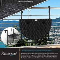 KESSER® Balkonhängetisch Klappbar Balkontisch Zum Einhängen Balkon Hängetisch 3-fach Höhenverstellbarer Klapptisch Balkongeländer Wetterfest Mit 2x Getränkeplätze Tischplatte BxT: 62 X 60 Cm -Outsunny Geschäft 8600364700 23466 prod 003