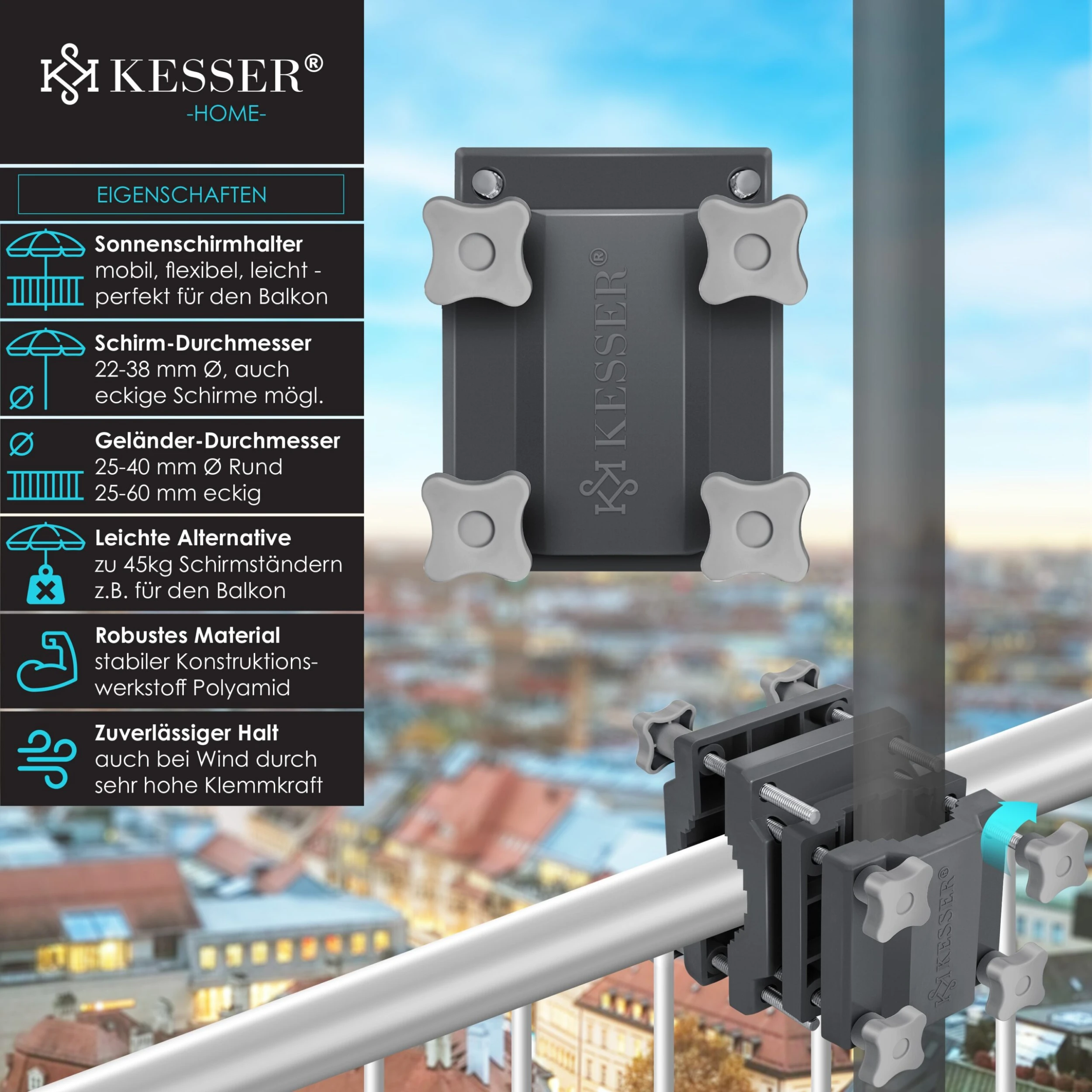 KESSER® Premium Sonnenschirmhalter Universal Balkongeländer - Schirmständer Für Eckige Und Runde Schirme | Balkon Terrasse Sonnenschirm Halterung Hohe Flexibilität | Starke Klemmkraft 4 KESSER® Premium Sonnenschirmhalter Universal Balkongeländer - Schirmständer Für Eckige Und Runde Schirme | Balkon Terrasse Sonnenschirm Halterung Hohe Flexibilität | Starke Klemmkraft – Bild 2