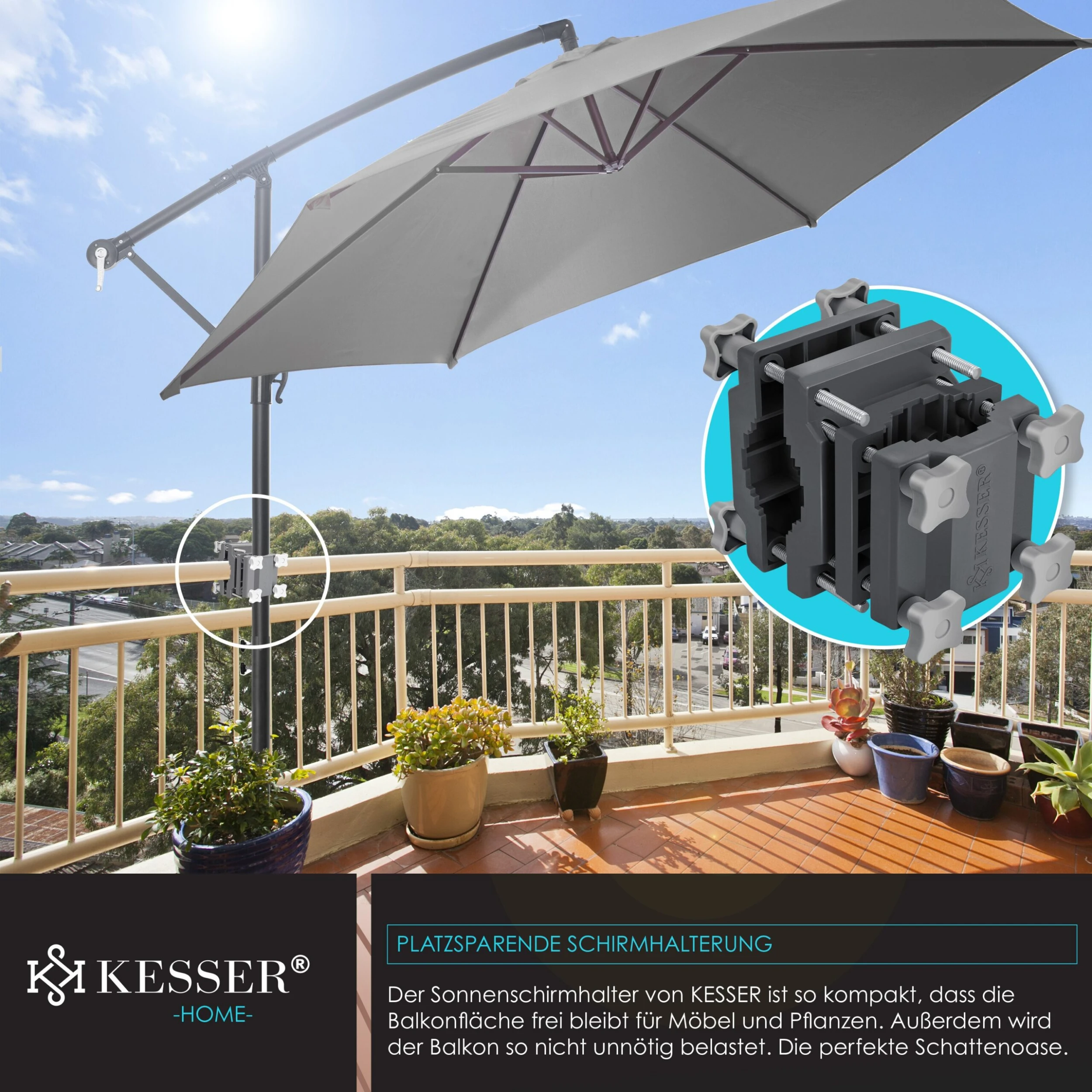 KESSER® Premium Sonnenschirmhalter Universal Balkongeländer - Schirmständer Für Eckige Und Runde Schirme | Balkon Terrasse Sonnenschirm Halterung Hohe Flexibilität | Starke Klemmkraft 8 KESSER® Premium Sonnenschirmhalter Universal Balkongeländer - Schirmständer Für Eckige Und Runde Schirme | Balkon Terrasse Sonnenschirm Halterung Hohe Flexibilität | Starke Klemmkraft – Bild 6