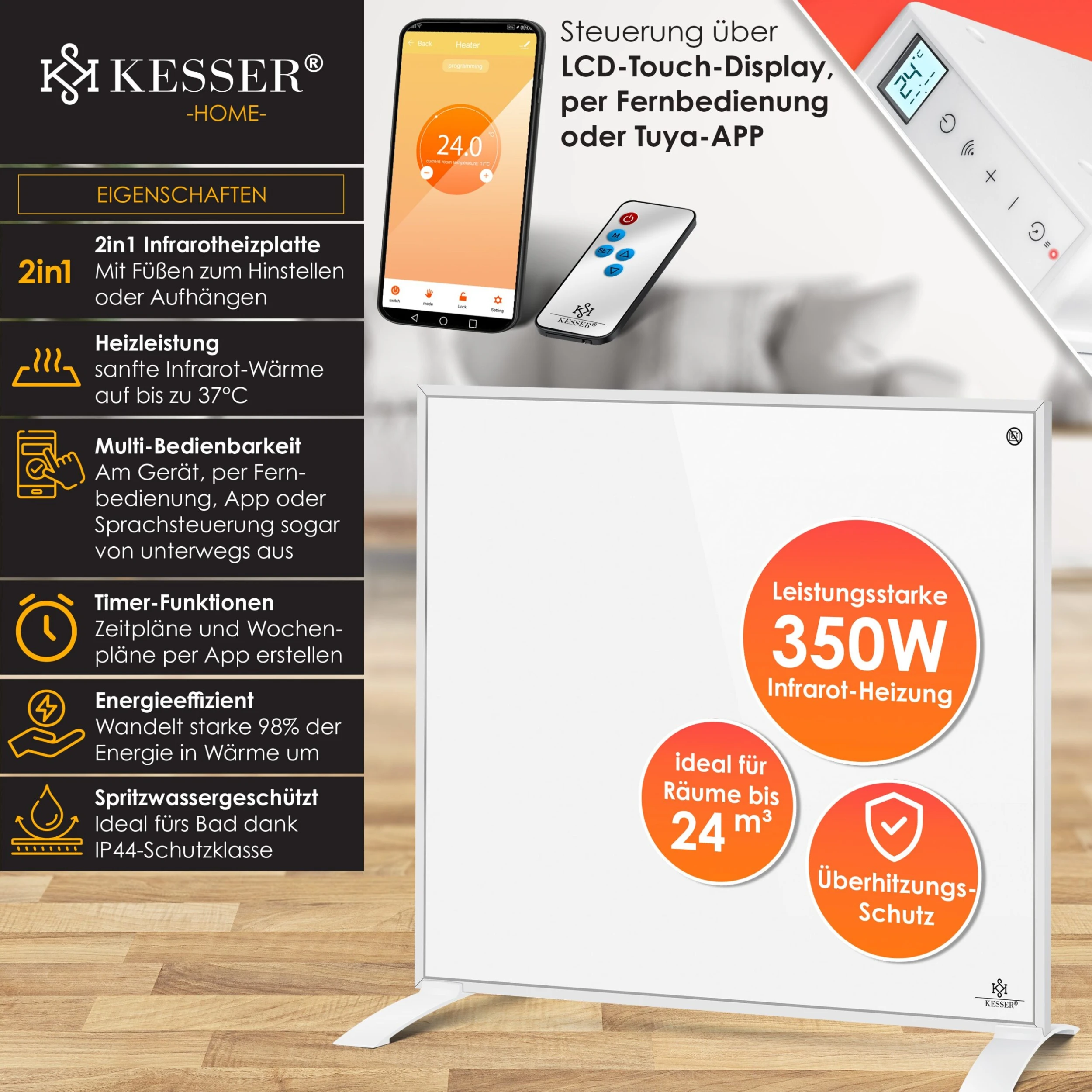 KESSER® Infrarotheizung Energiesparend Infrarot 2in1 Standgerät & Wandmontage Elektroheizung Mit Fernbedienung Thermostat & App-Steuerung Timer Elektrisch Heizpaneel Heizung Konvektor Standfüße 4 KESSER® Infrarotheizung Energiesparend Infrarot 2in1 Standgerät & Wandmontage Elektroheizung Mit Fernbedienung Thermostat & App-Steuerung Timer Elektrisch Heizpaneel Heizung Konvektor Standfüße – Bild 2